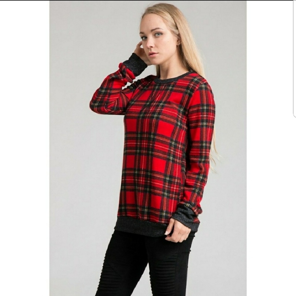 Red Plaid Crew Neck Sweatshirt - Picture 2 of 4